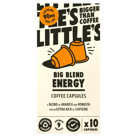 Coffee capsule package with 'Joe's Little's' branding on a beige background