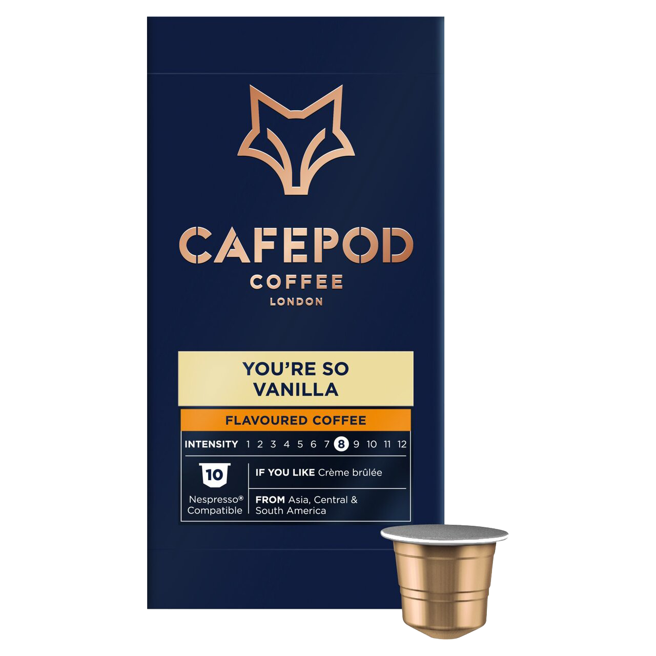 Cafepod coffee pod packaging with a gold cup on a white background