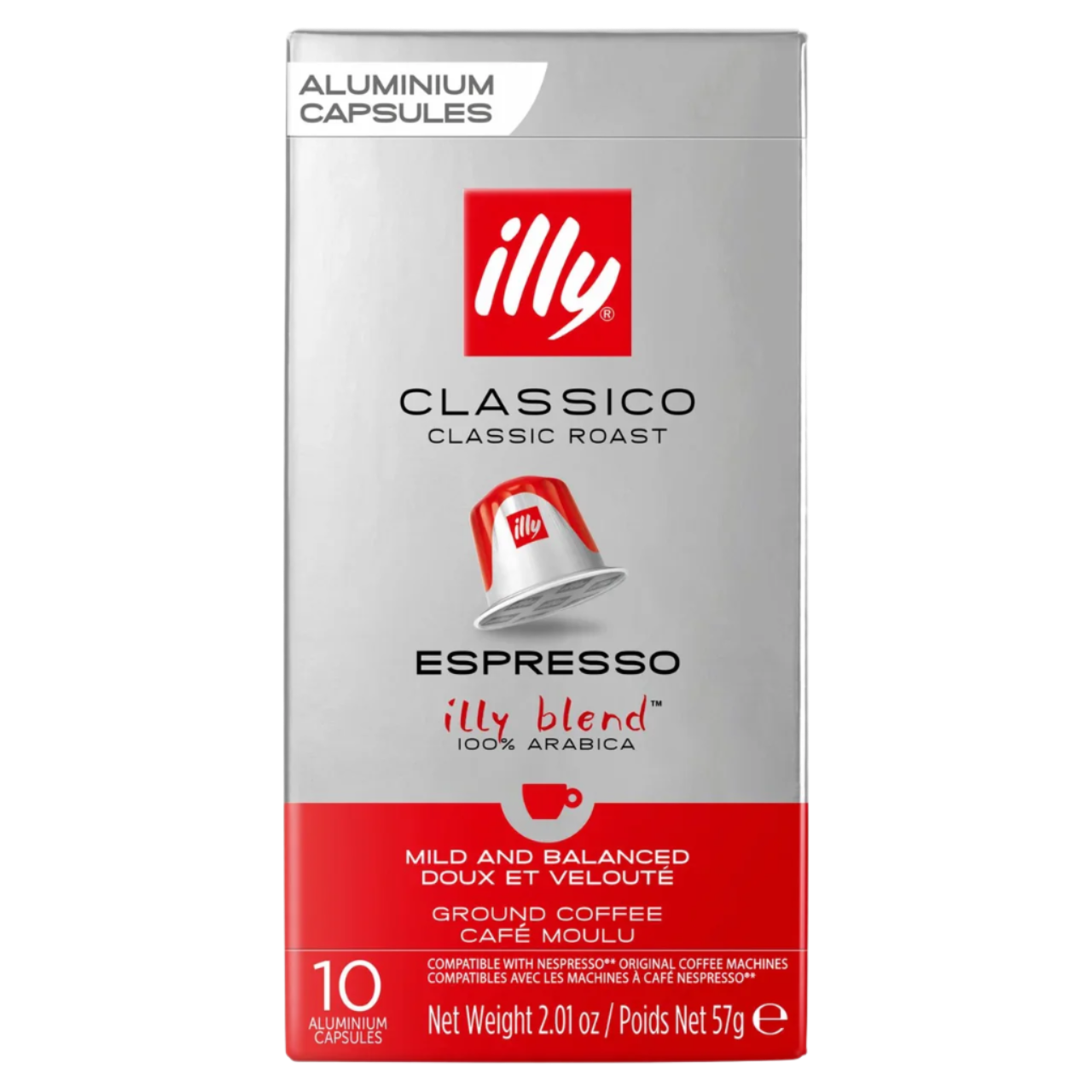 Box of illy Classico Classic Roast Espresso coffee capsules on a white background