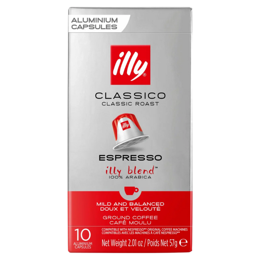 Box of illy Classico Classic Roast Espresso coffee capsules on a white background