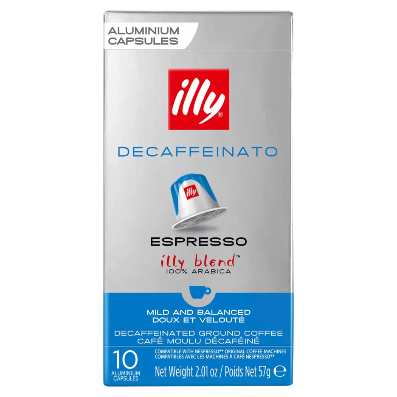 Illy decaffeinated espresso capsule packaging on a white background