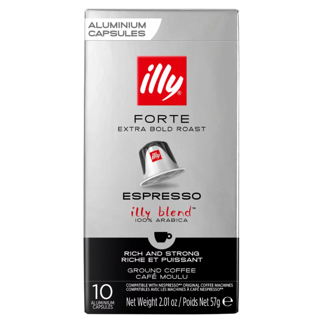 Illy Forte Extra Bold Roast Espresso coffee capsule packaging on a white background