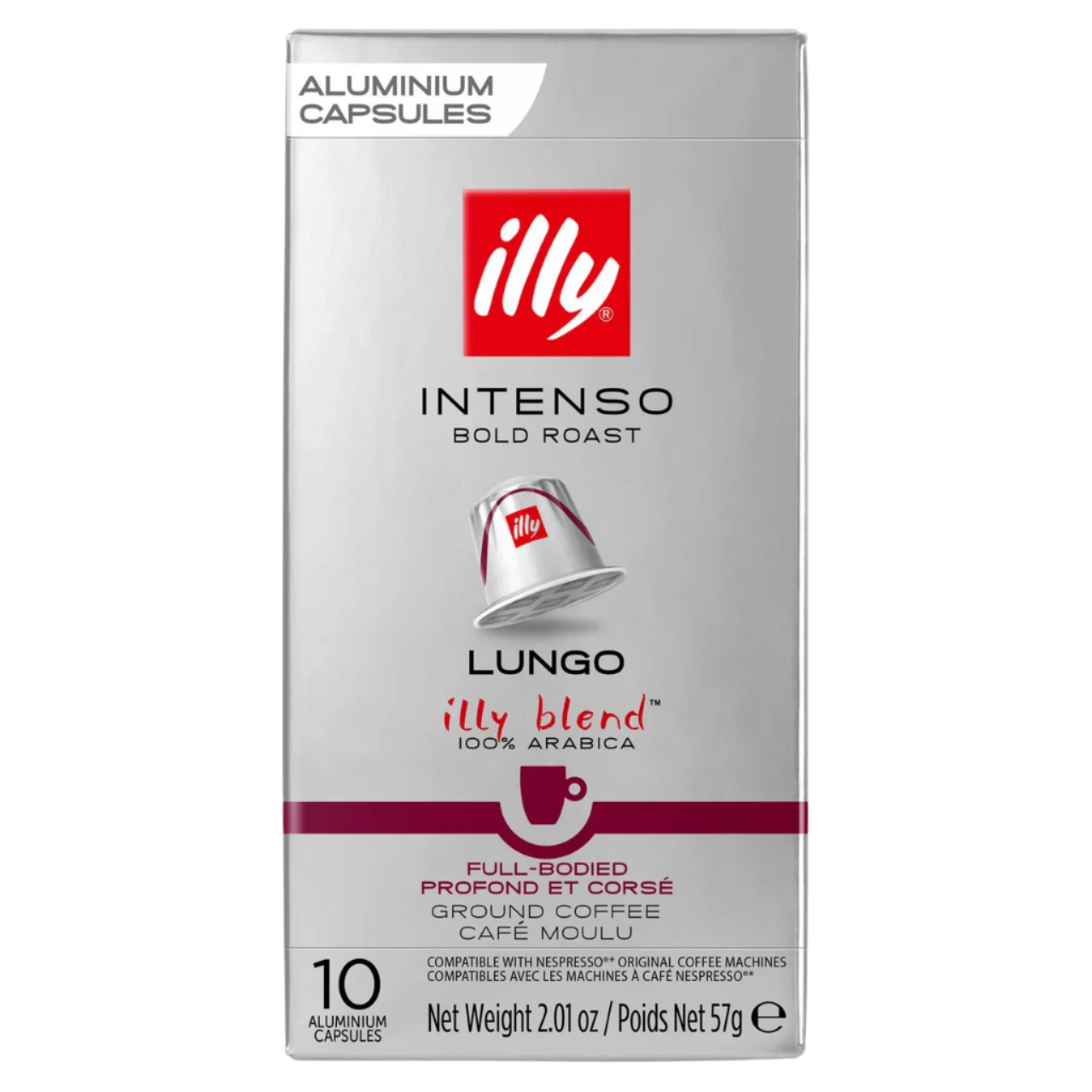 Box of illy Intenso Lungo coffee capsules on a white background