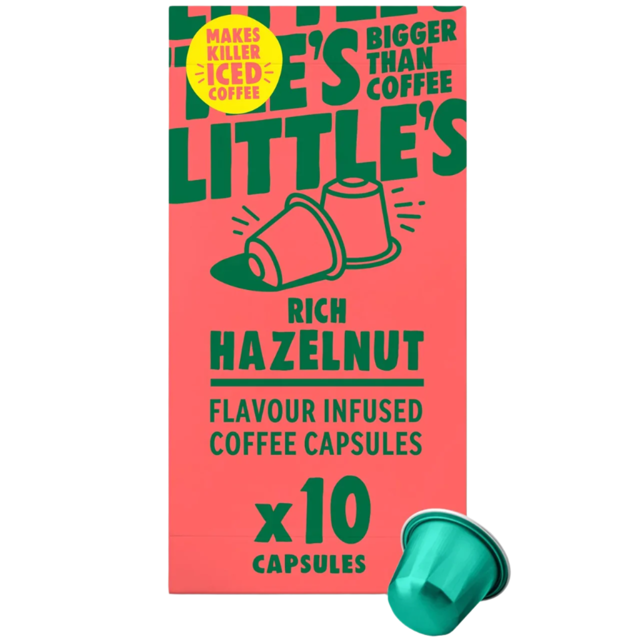 Box of Rich Hazelnut Flavour Infused Coffee Capsules with a green coffee capsule on a white background