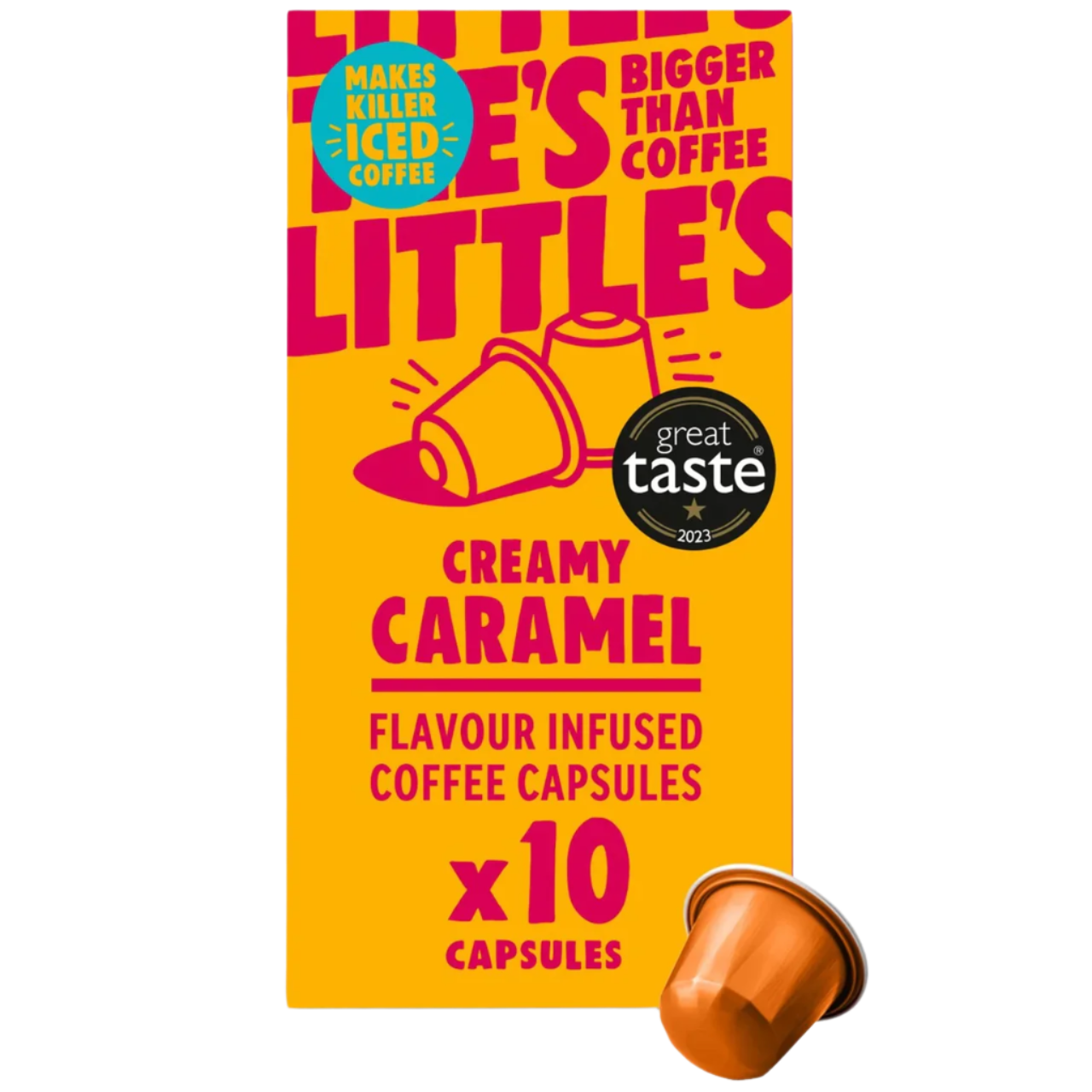 Box of creamy caramel flavored coffee capsules with a single capsule on a white background