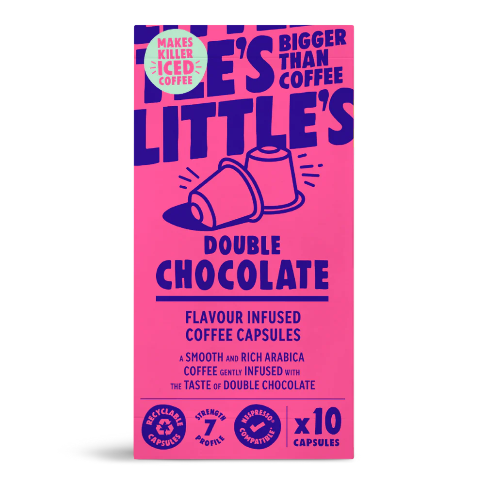 Pink packaging of Little's Double Chocolate coffee capsules on a white background