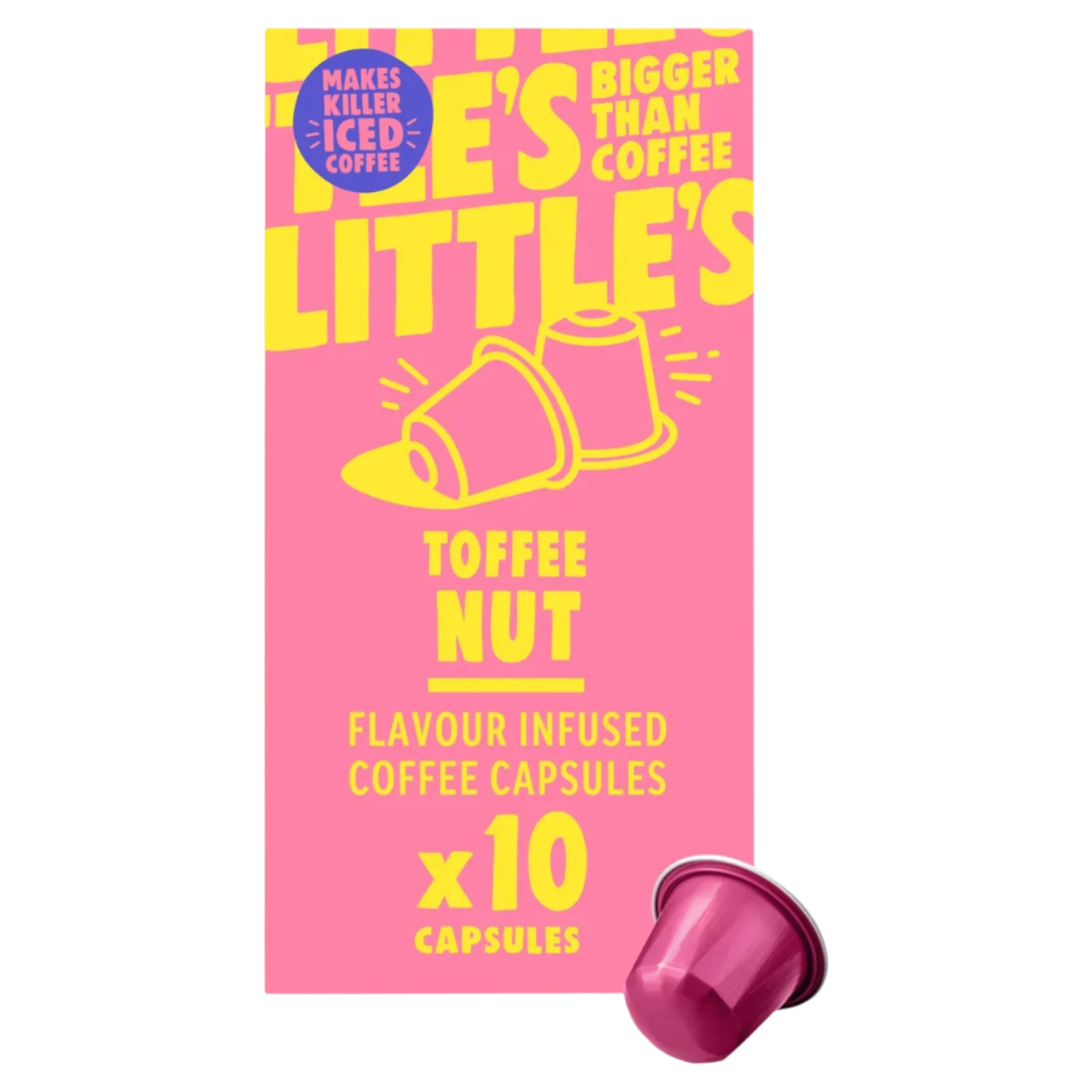 Pink packaging of 'Littles' coffee capsules with a purple coffee capsule on a white background