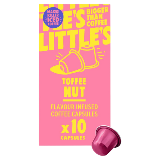 Pink packaging of 'Littles' coffee capsules with a purple coffee capsule on a white background