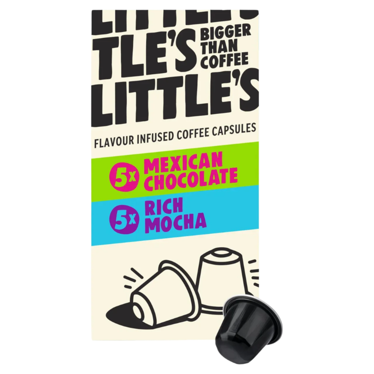 Packaging of Little's coffee capsules with flavors Mexican Chocolate and Rich Mocha.