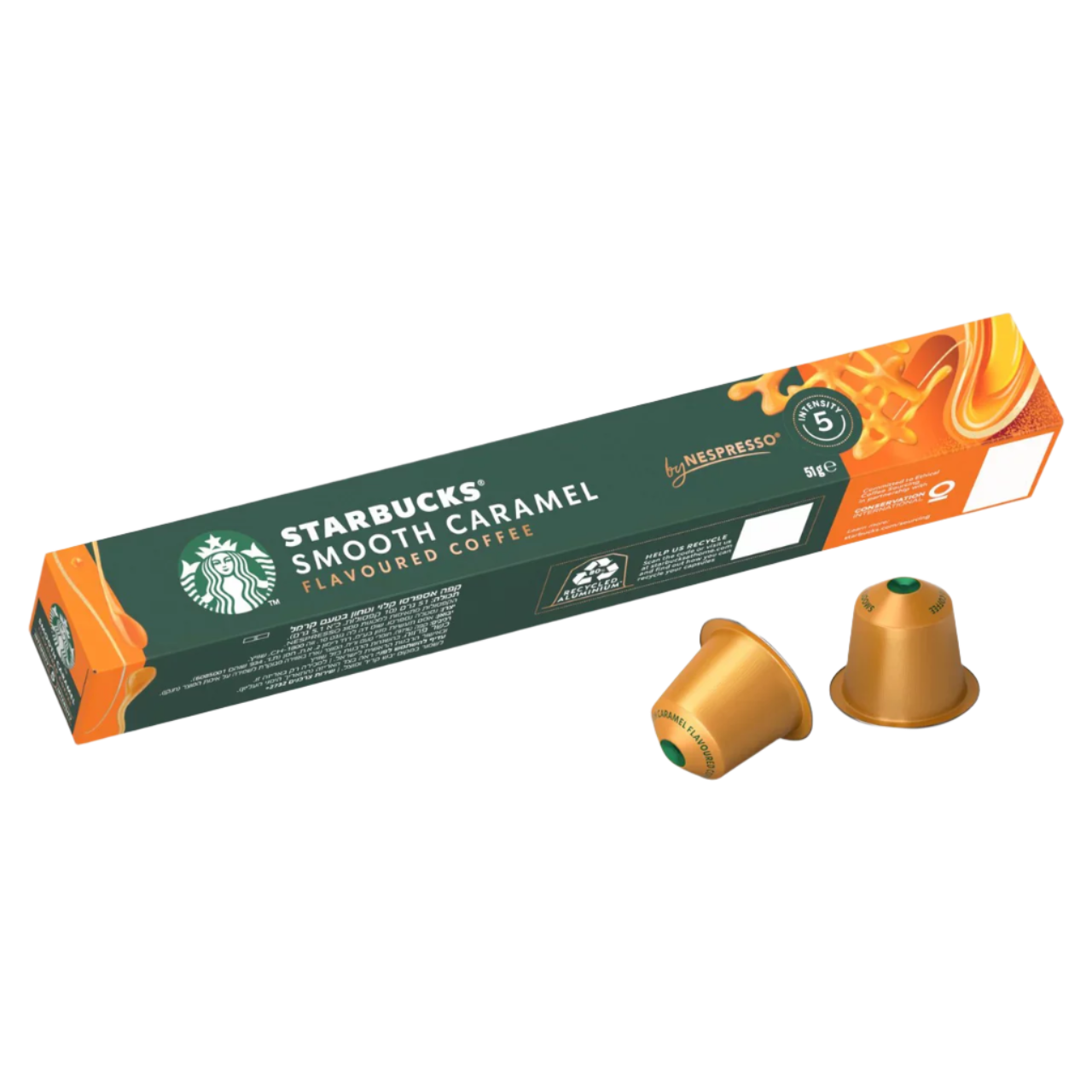 Starbucks Smooth Caramel flavored coffee capsules with packaging on a white background