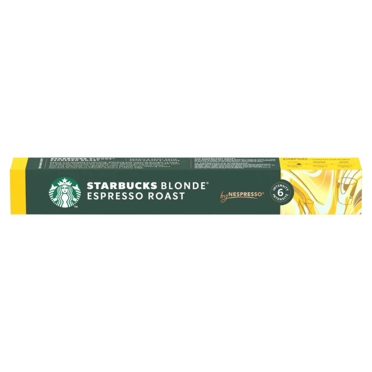 Starbucks Blonde Espresso Roast Nespresso capsule packaging on a white background