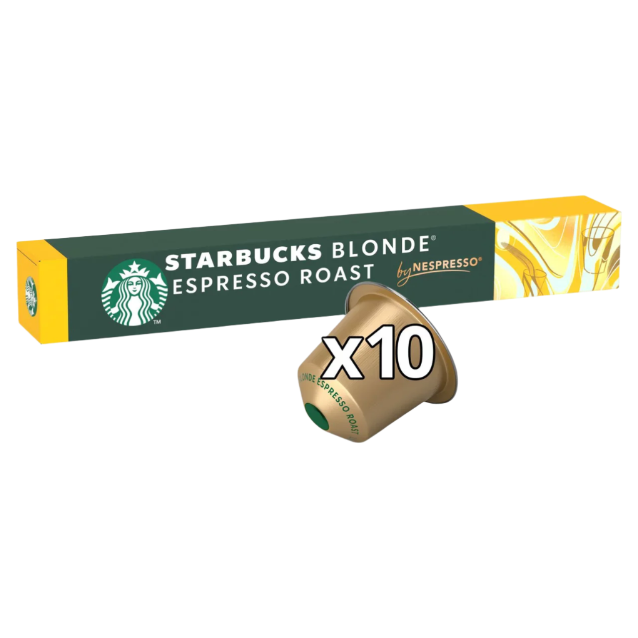 Starbucks Blonde Espresso Roast Nespresso capsule with packaging on a white background