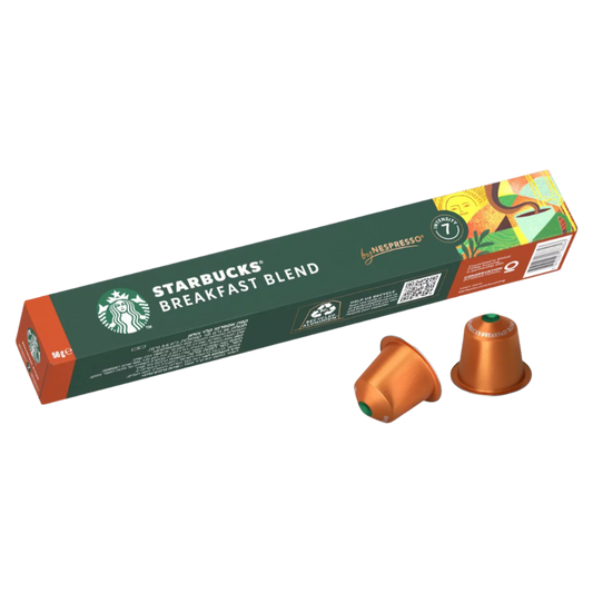Starbucks Breakfast Blend Nespresso capsules with packaging on a white background