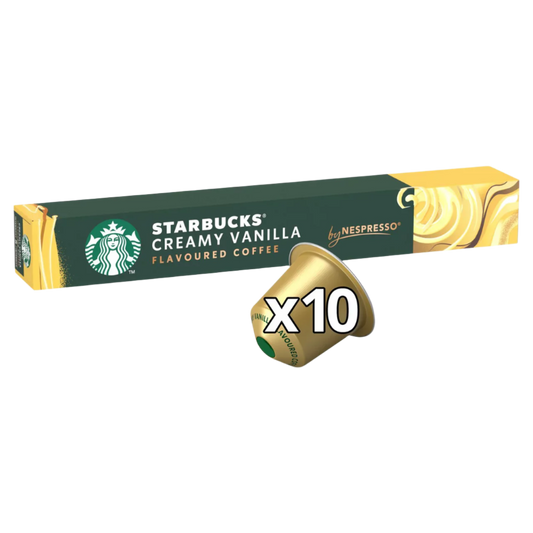 Box of Starbucks Creamy Vanilla flavored coffee capsules by Nespresso on a white background