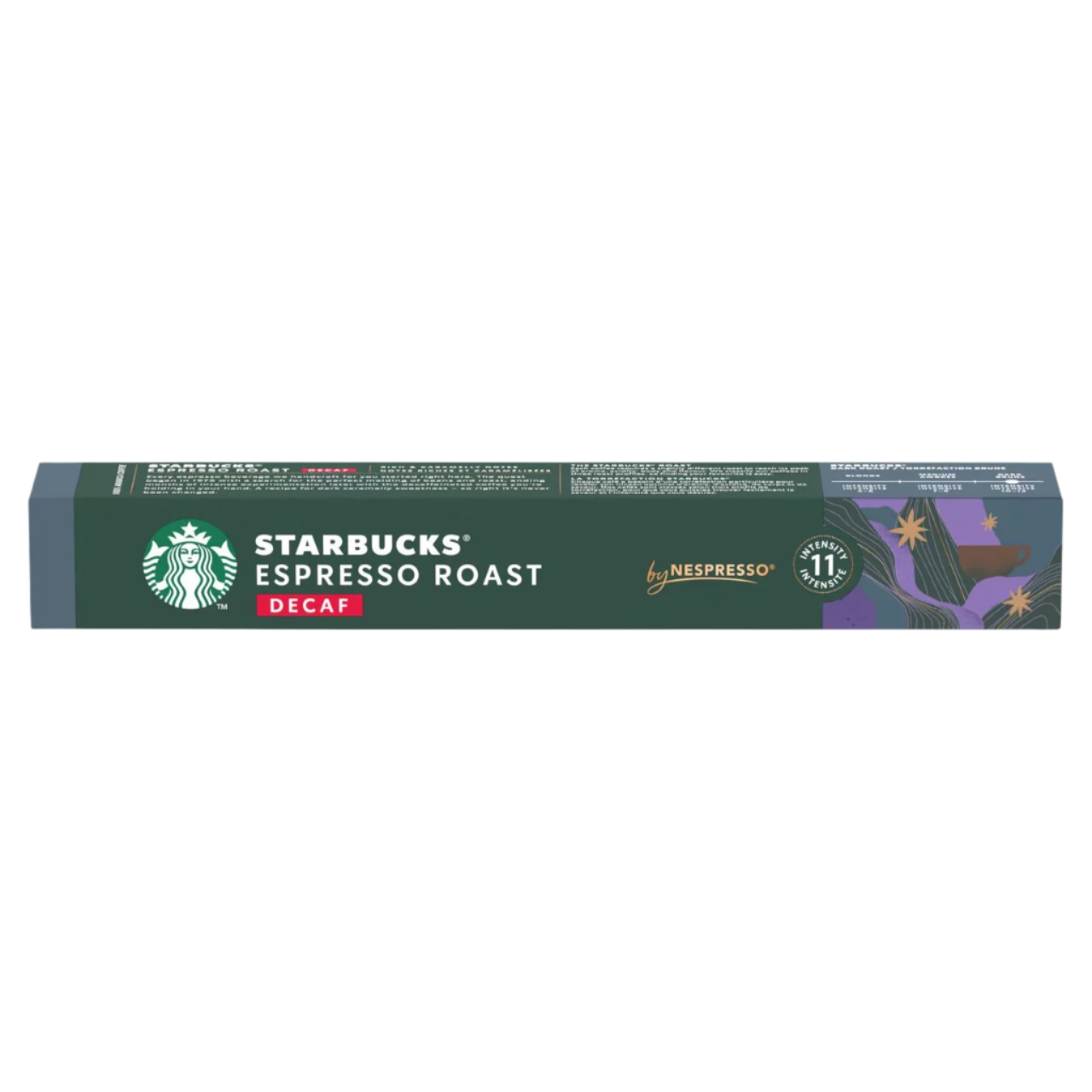 Starbucks Espresso Roast Decaf Nespresso capsule packaging on a white background