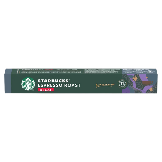 Starbucks Espresso Roast Decaf Nespresso capsule packaging on a white background