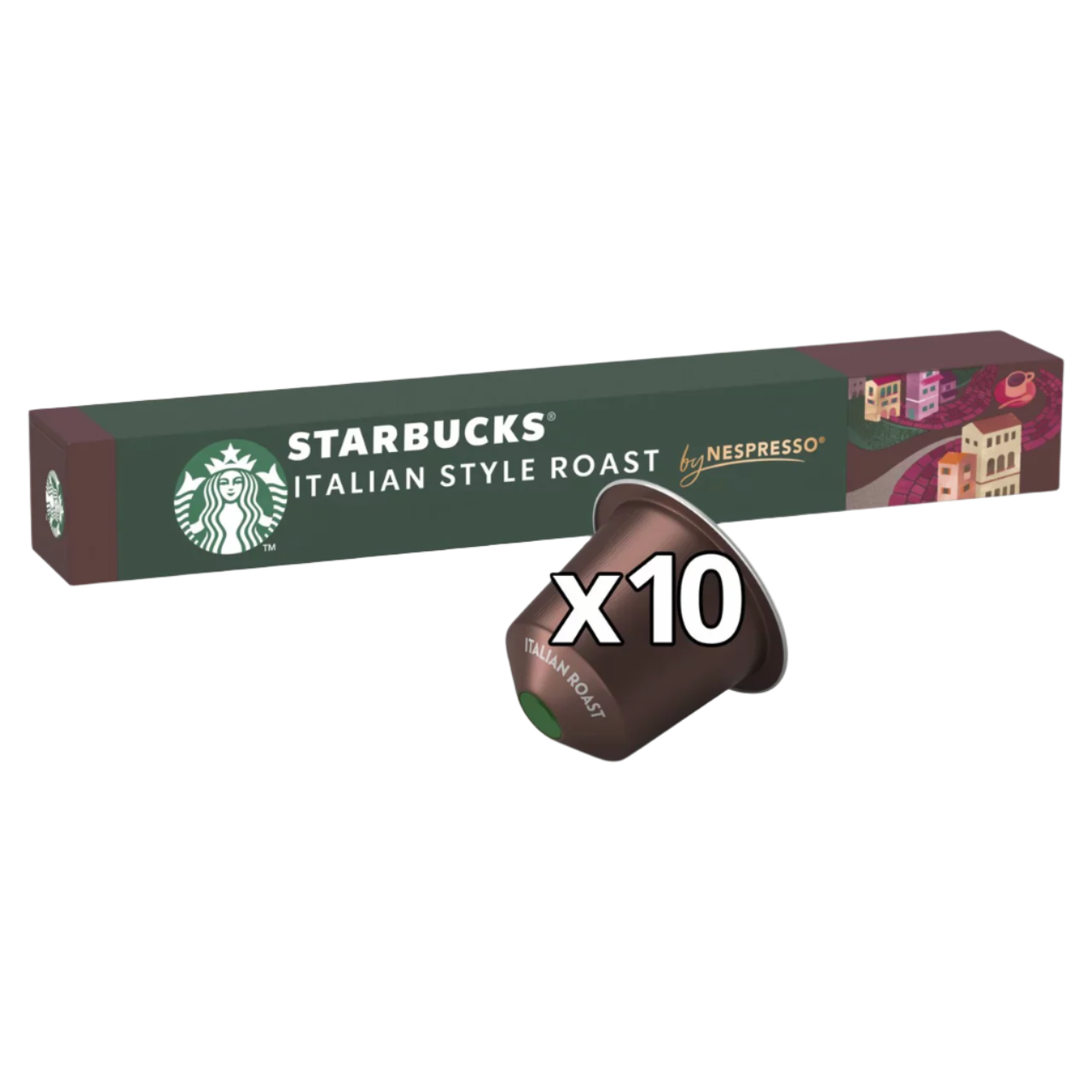 Starbucks Italian Style Roast coffee capsule with packaging on a white background