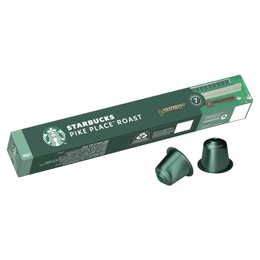 Starbucks Pike Place Roast coffee capsules with packaging on a white background