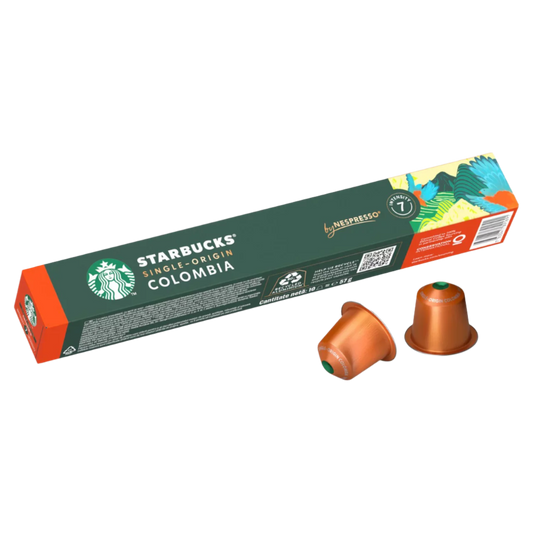 Starbucks Single-Origin Colombia coffee capsule packaging with two capsules on a white background