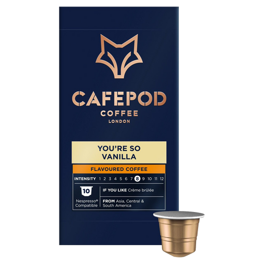 Cafepod coffee pod packaging with a gold cup on a white background
