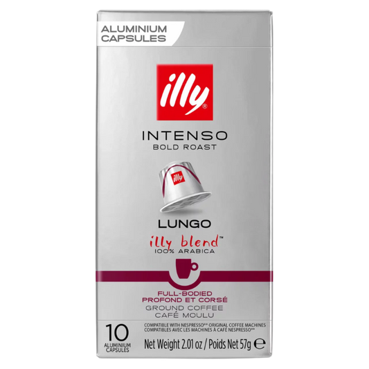 Box of illy Intenso Lungo coffee capsules on a white background