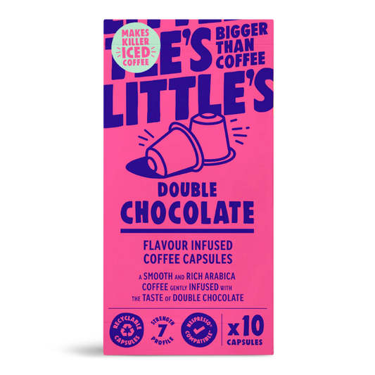 Pink packaging of Little's Double Chocolate coffee capsules on a white background