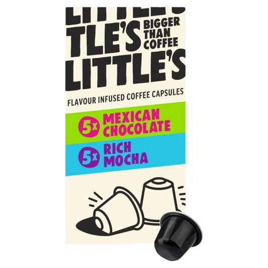 Packaging of Little's coffee capsules with flavors Mexican Chocolate and Rich Mocha.