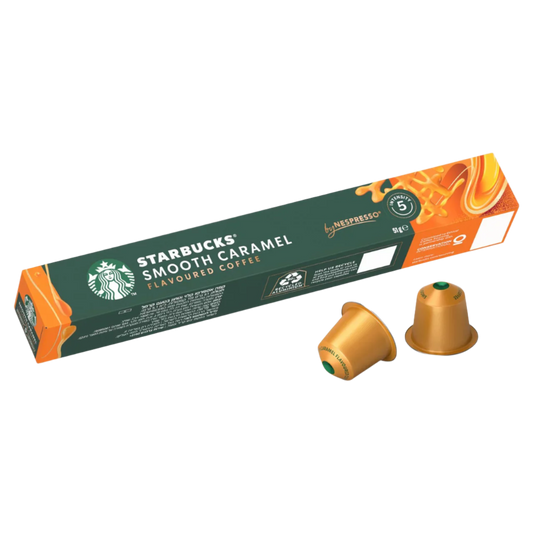 Starbucks Smooth Caramel flavored coffee capsules with packaging on a white background