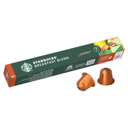 Starbucks Breakfast Blend Nespresso capsules with packaging on a white background