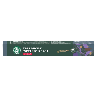 Starbucks Espresso Roast Decaf Nespresso capsule packaging on a white background