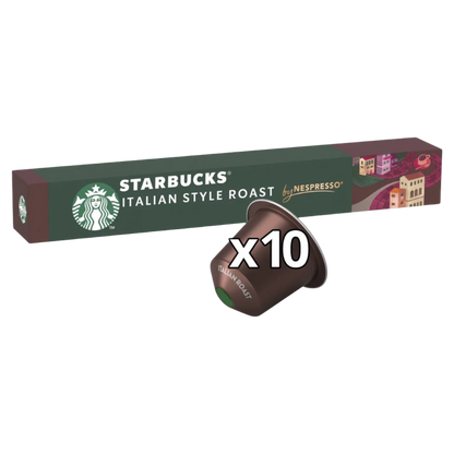 Starbucks Italian Style Roast coffee capsule with packaging on a white background