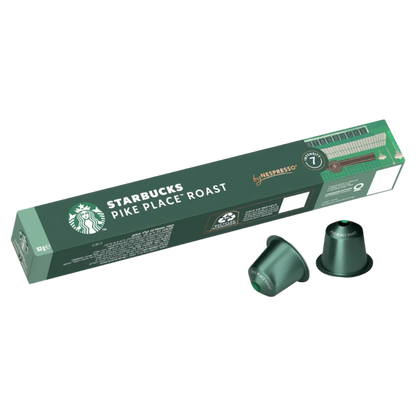 Starbucks Pike Place Roast coffee capsules with packaging on a white background