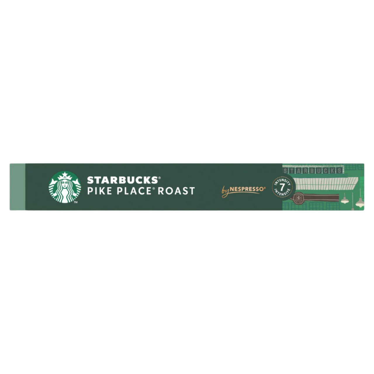 Starbucks Pike Place Roast by Nespresso coffee pod packaging on a white background