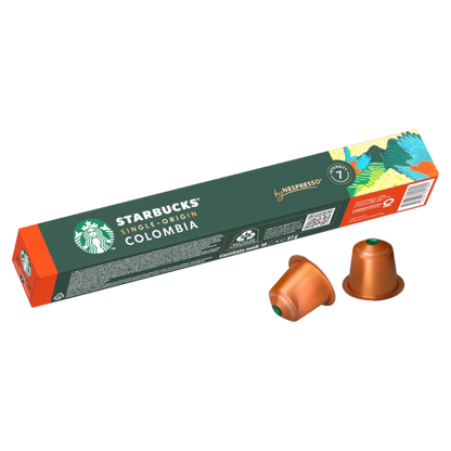 Starbucks Single-Origin Colombia coffee capsule packaging with two capsules on a white background